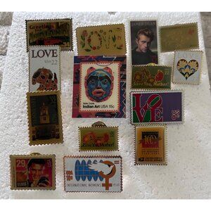Vintage Lot 12 USPS Postal Pins Pinbacks Lapel Stamp Pins Elvis Love Puppy